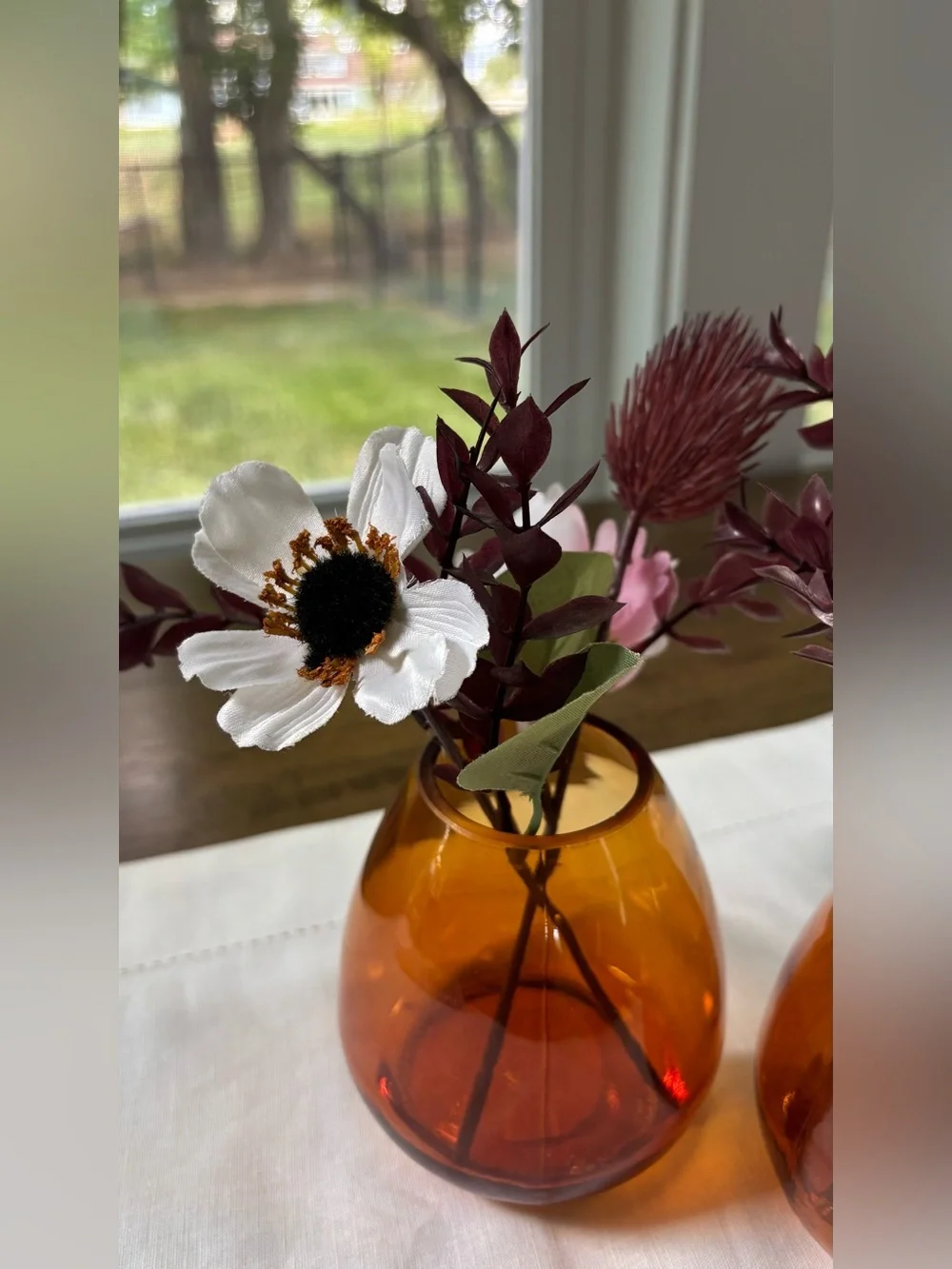 Amber Glass Vases & Flowers - Set of 2